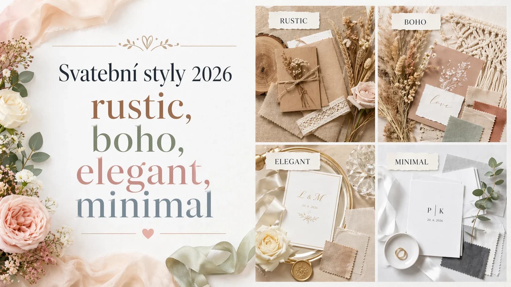 Svatební styly 2026: rustic, boho, elegant, minimal