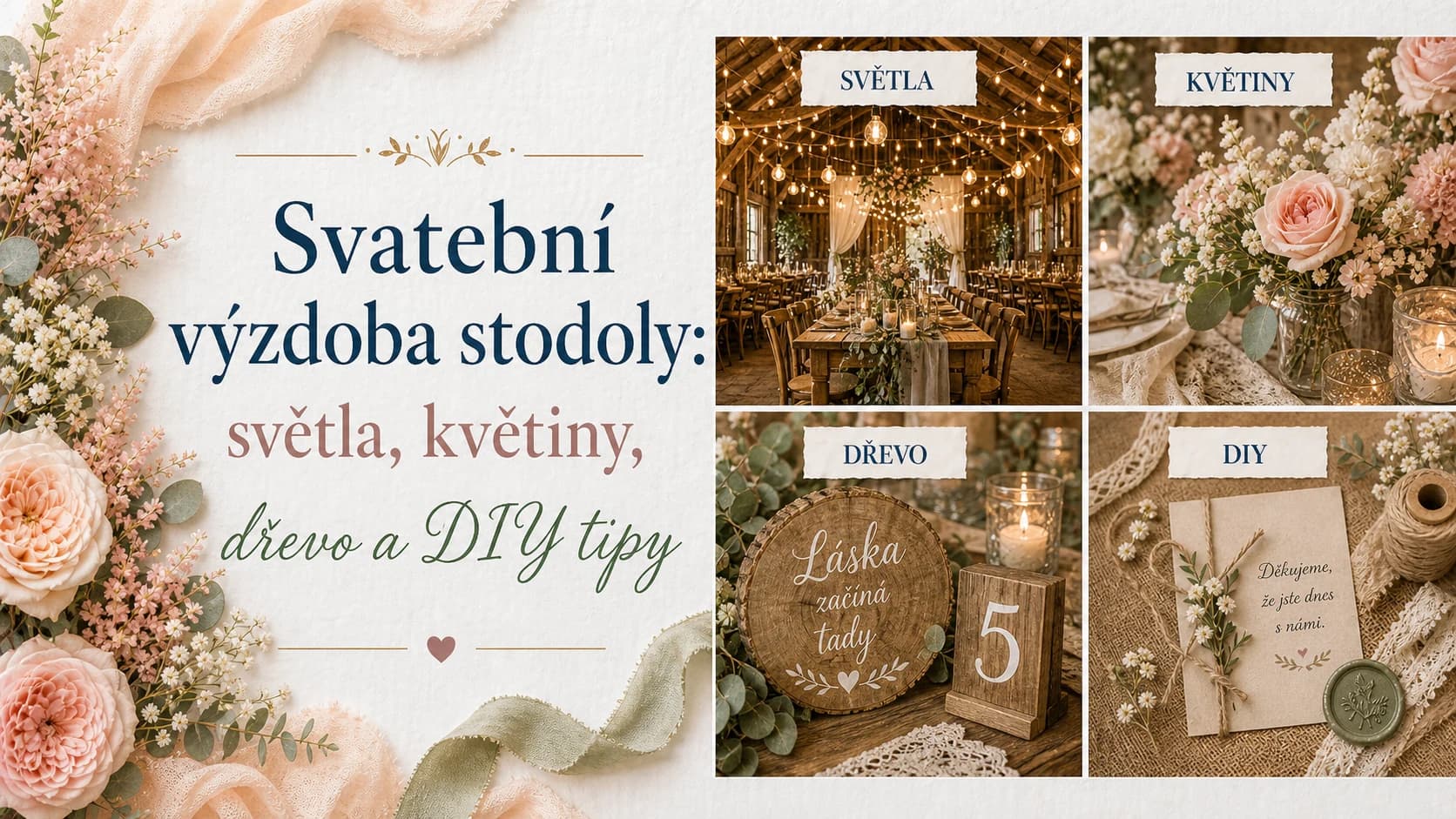 Svatební výzdoba stodoly: světla, květiny, dřevo a DIY tipy